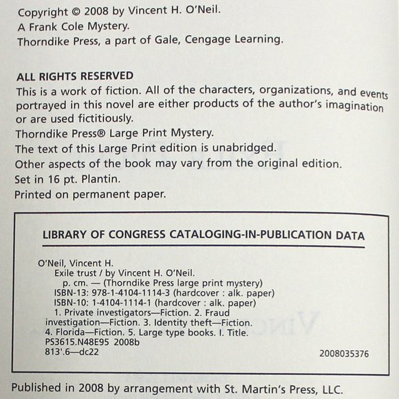 Exile Trust A Frank Cole Mystery by Vincent H O'Neil Hardcover Large Print - Picture 5 of 11